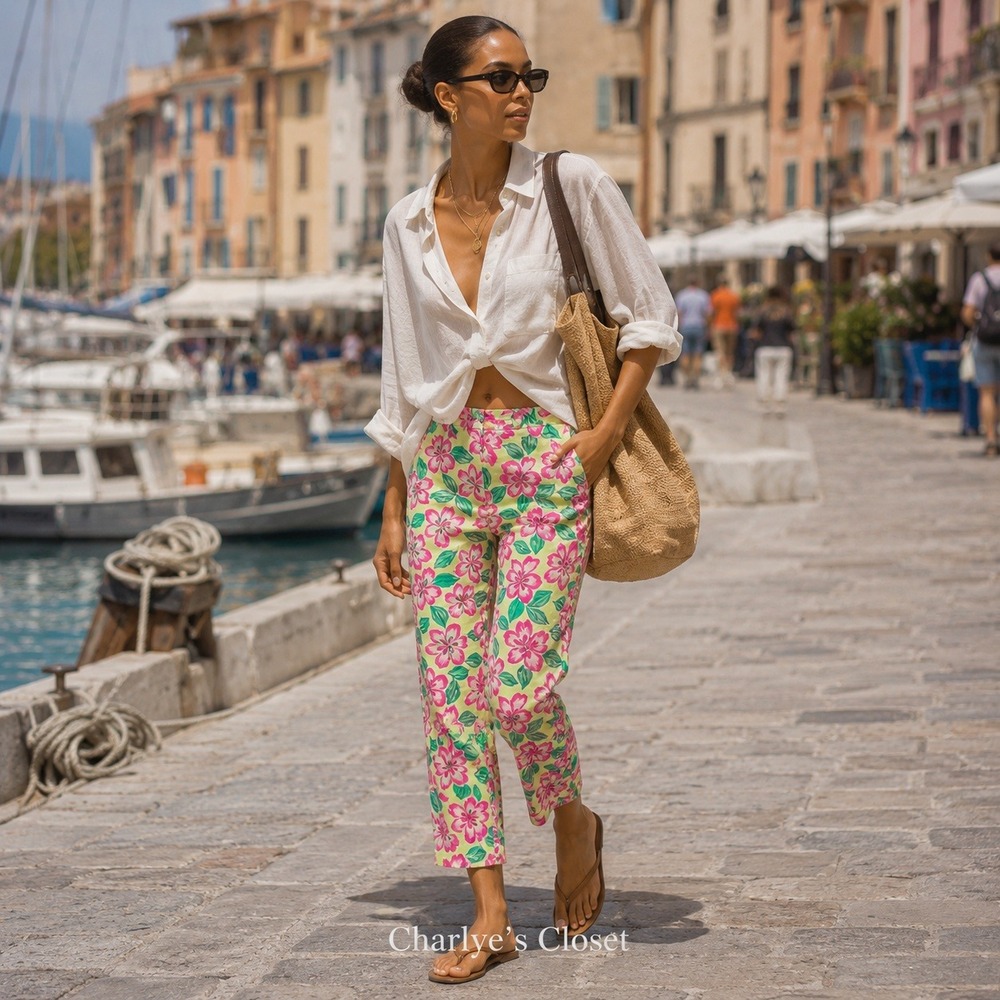 Nordstrom Garden Floral Cropped Pants 16 Green‎ Pink Summer Beachy Resort Casual